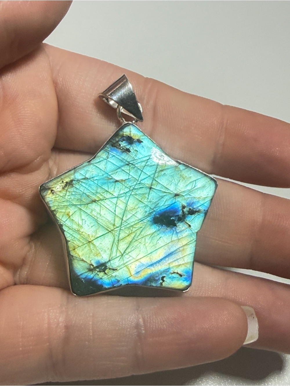Labradorite Star Pendant | Teal Yellow Flash | 925 Stamped | 2 Inches